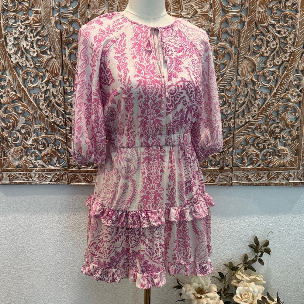 Zara Romantic Flirty Pink & White Paisley Layered Linen Mini Dress- size XS - Picture 5 of 16